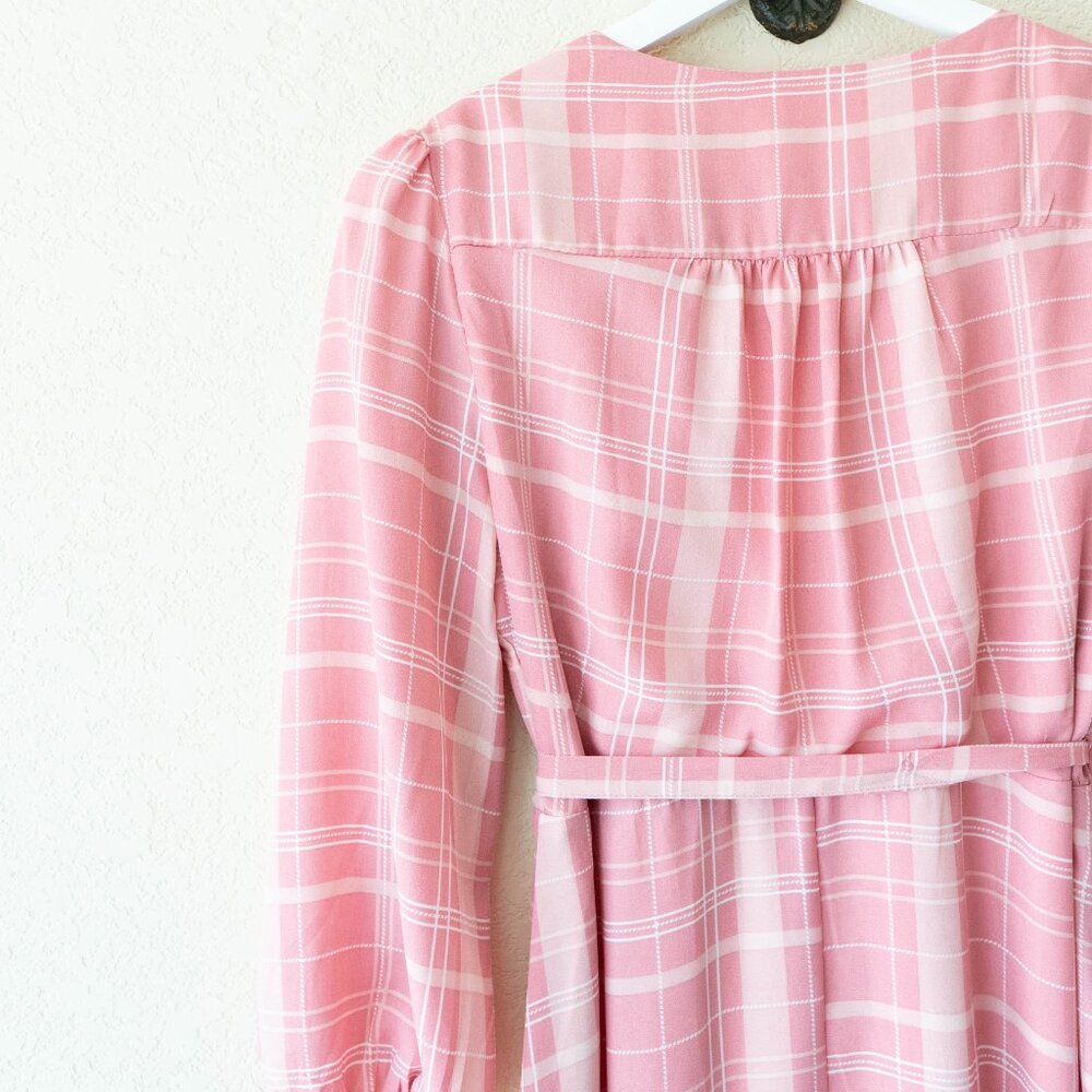 Mi Ami Pink Plaid Wrap Dress Womens M Ruffle Hem Midi Cottagecore Puff Sleeve - Picture 9 of 13